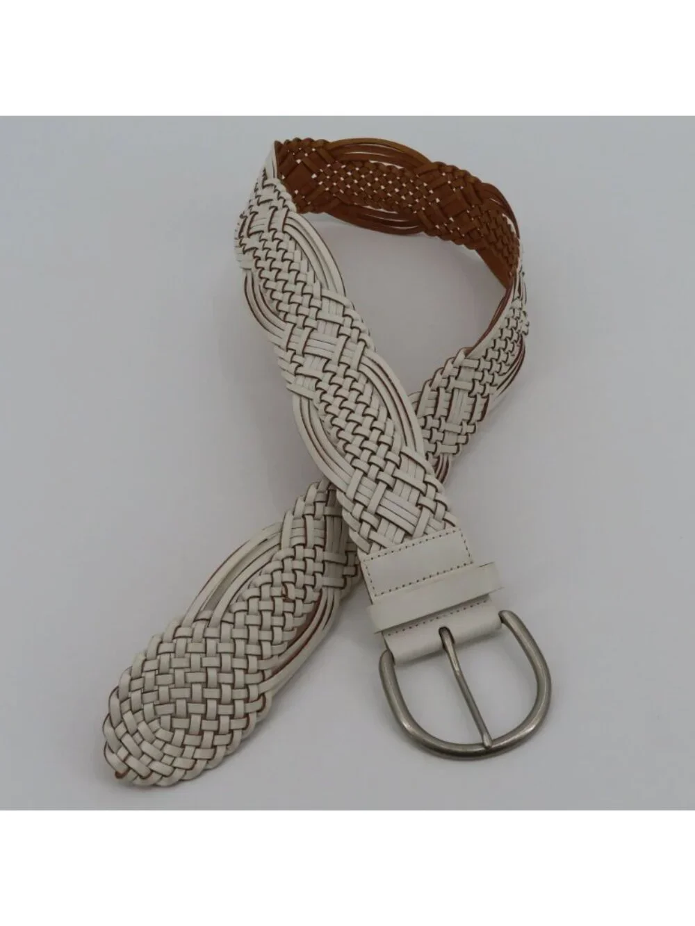 Womens Medium White Woven Belt Bonded Leather PU Coated Western Boho Weave Med